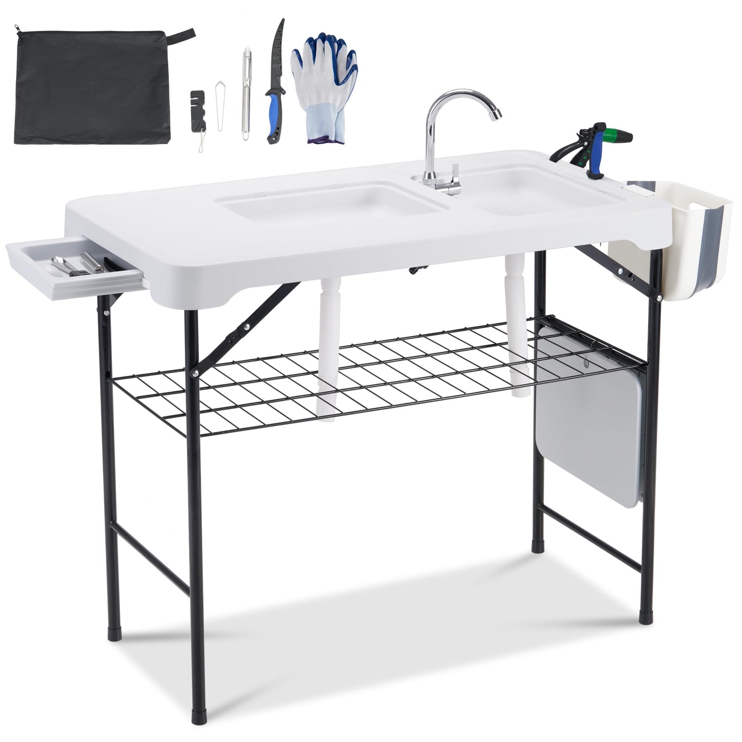 Dragosum 42'' Outdoor Fish Cleaning Table Portable Camping Sink Station with Double Sinks, Collapsible Swivel Faucet, Picnic Sink Table for Picnic Beach Patio