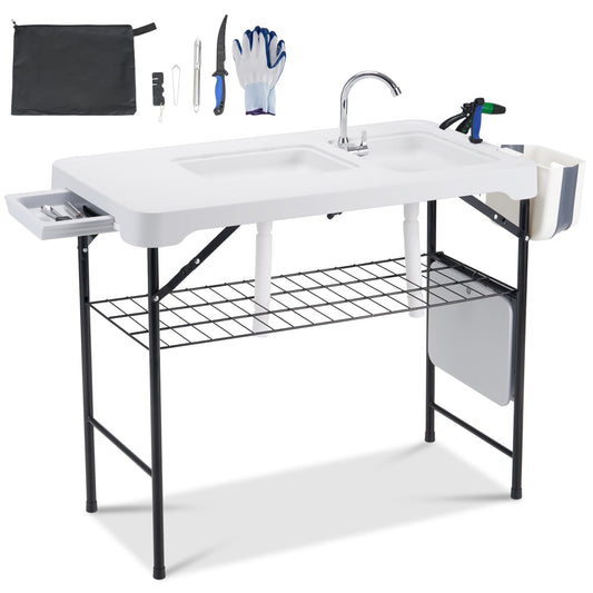 Dragosum 42'' Outdoor Fish Cleaning Table Portable Camping Sink Station with Double Sinks, Collapsible Swivel Faucet, Picnic Sink Table for Picnic Beach Patio