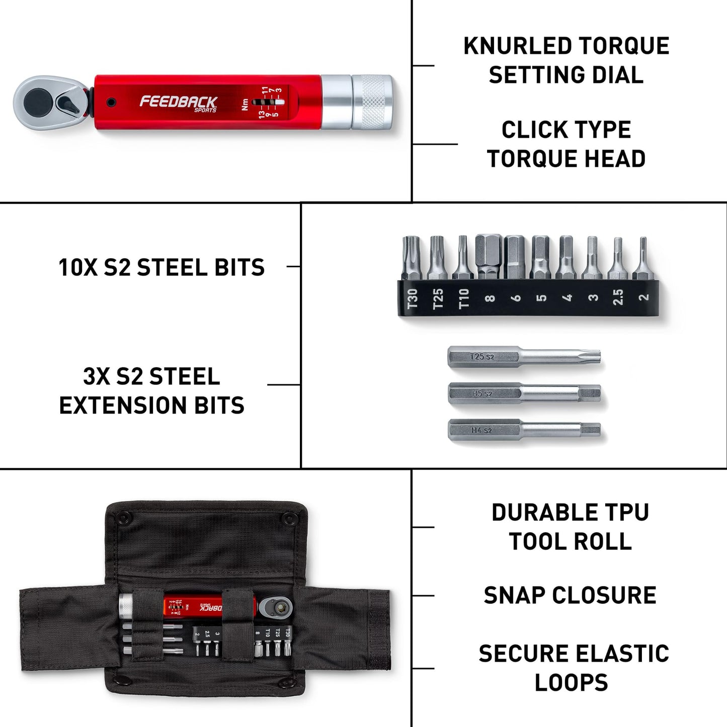 Feedback Sports Range Click Torque Wrench Set | Adjustable Torque Bit Driver [2-14Nm]| 13 S2 Steel Hex & Torx Bits| TPU Protective Carrying Case | Bicycle Tool Kit | Mini Torque Wrench |