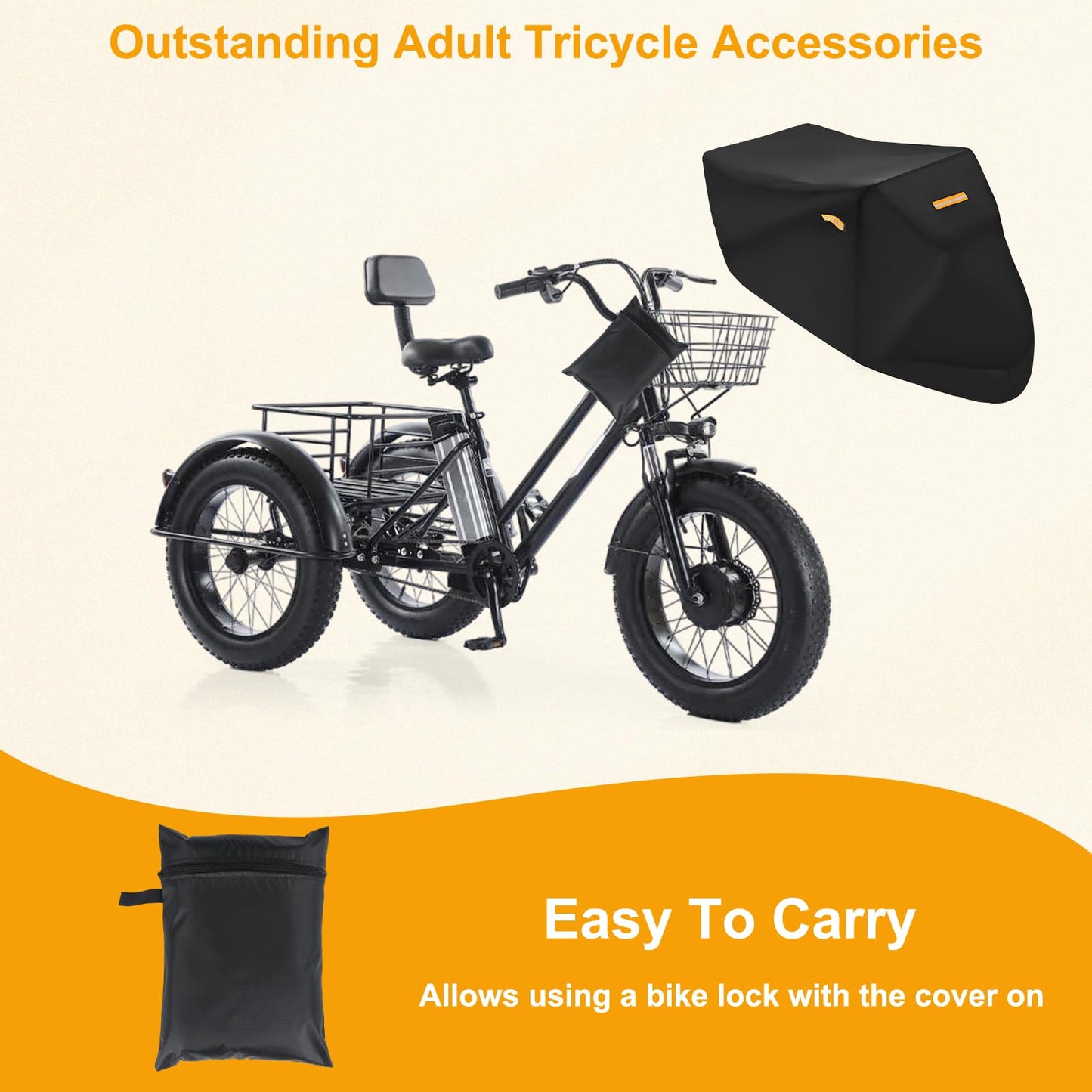 Adult Tricycle Cover Electric Tricycle Covers, Strong UV Protection & Windproof, Waterproof, Heavy Duty Oxford Cloth Tricycle Cover, Black