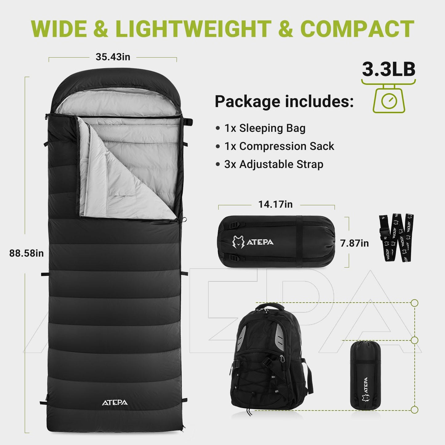 ATEPA Down Sleeping Bag for Adults, Lightweight Cold Weather 4 Season Backpacking Sleeping Bag, with Wearable Rectangle Wide Waterproof Design & Compression Sack for Backpacking Hiking Camping, Black