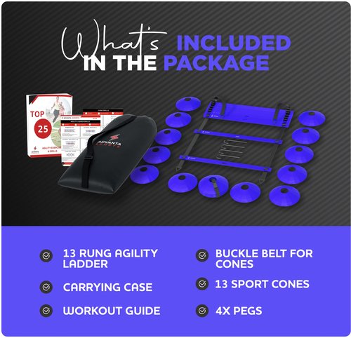 DELUXE EDITION Agility Ladder Training Set - 13 Rung 21ft Agility Ladder w/13 Disc Cones, Carry Bag - Improve Speed & Strength Soccer, Football, Basketball w/4 Steel Pegs with eGuide Chart