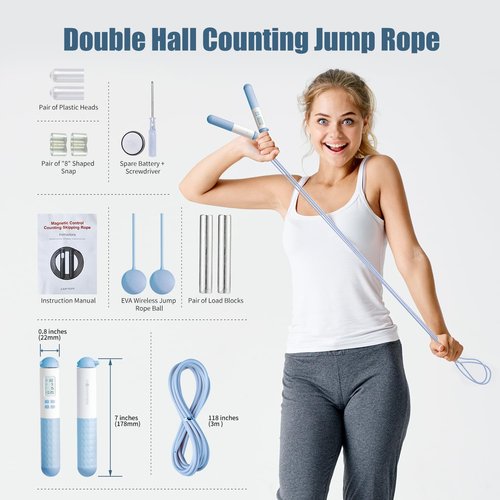 Ropeless Jump Rope with Calorie Counter, Weighted Jumping Rope for Fitness 2 In 1 with Ropeless Jump Ball and Adjustable Steel Rope, Smart Jump Rope for Fitness Jump Indoor and Outdoor (Blue)