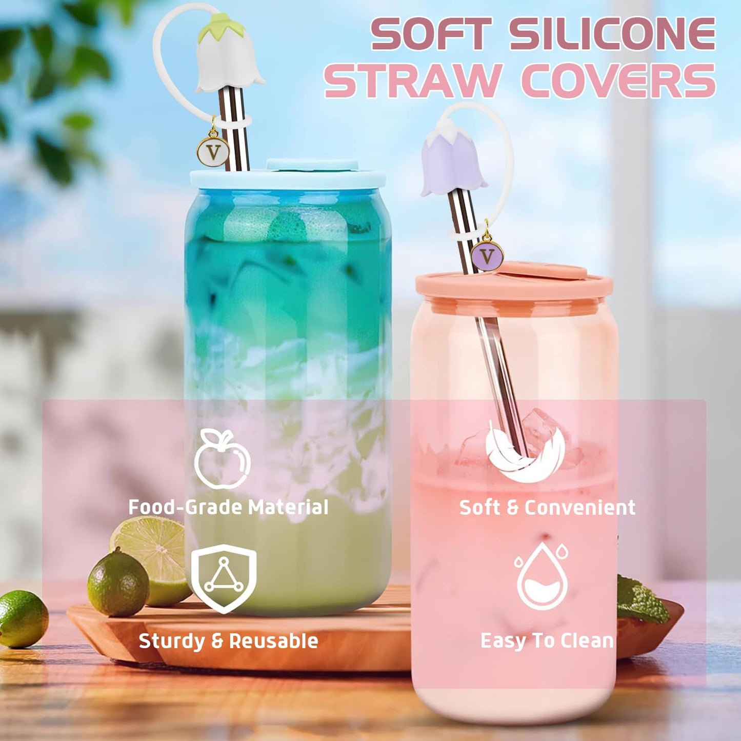 3Pcs Stanley Cup Straw Cover Toppers With Letter Charm, 10mm Silicone Tulip Flower Covers Lid for Stanleys Cups, Water Bottle, Simple Modern, Yeti, Hydroflask, Owala 30 40 oz