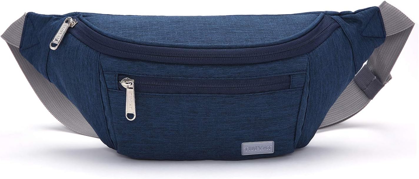 TINYAT Large Fanny Pack Travel Waist Bag Lightweight for Men&Women with Adjustable Strap T206 Blue