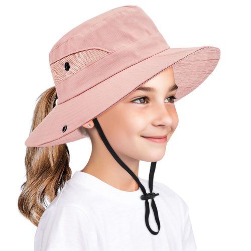 Zando Kids Sun Hat Girls with Ponytail Hole UPF 50+ Kids Bucket Hat Girls Wide Brim Fishing Safari Hats for Summer Beach Cap Big Kids Solid Pink 8-12 Years