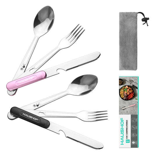 HAUSHOF 2-Pack 4-in-1 Camping Utensils, Stainless Steel Camping Eating Utensils with Carrying Bag, Detachable Spoon, Fork, Knife, Bottle Opener - Travel Utensil Set for Hiking, Picnic, Barbecue
