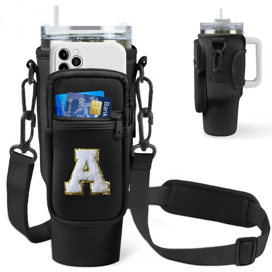 Aganmi Mothers Day Birthday Gifts for Mom Teacher Water Bottle Carrier Bag with Phone Pocket for Stanley 40oz Tumbler Initial Water Bottle Holder with Adjustable Strap for Women Hike Camping Black A