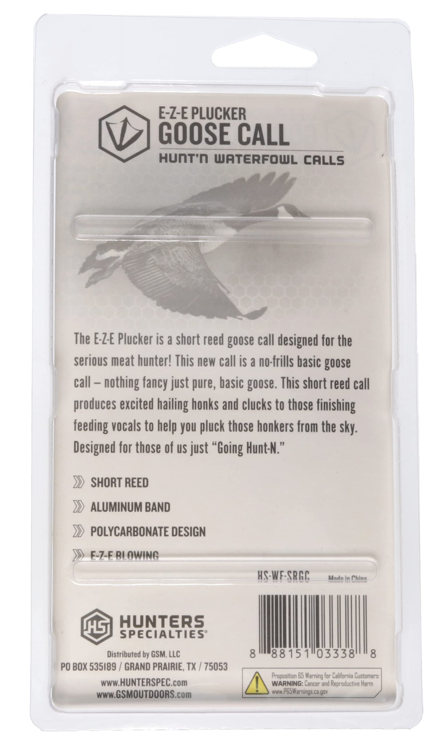Hunters Specialties Hunting E-Z-E Plucker Short Reed Goose Call - Easy Blowing Polycarbonate Design Waterfowl Game Call