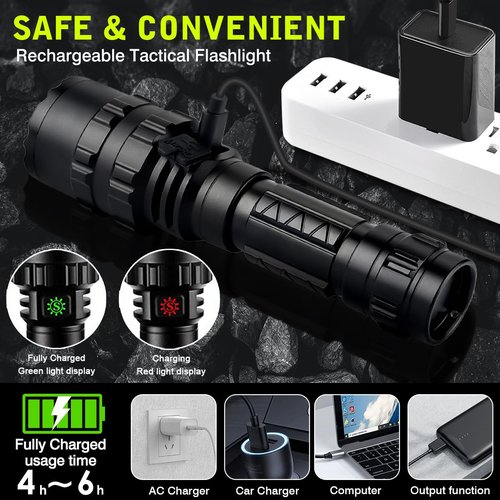NAKCNM Tactical Flashlight with Picatinny Rails Mount, 3000 Lumen Weapon Light Rechargeable 5 Modes, Remote Pressure Switch Included for Hiking Outdoor Activities