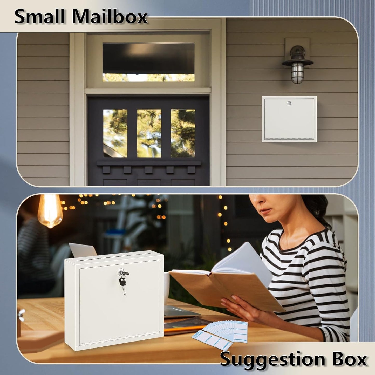 KYODOLED Suggestion Box with Lock and Slot, Small Locking Mailbox for Office, Wall Mount Safe Money/Key Drop Box with 50 Free Suggestion Cards, 9.8" W x 3" D x 7" H, Black