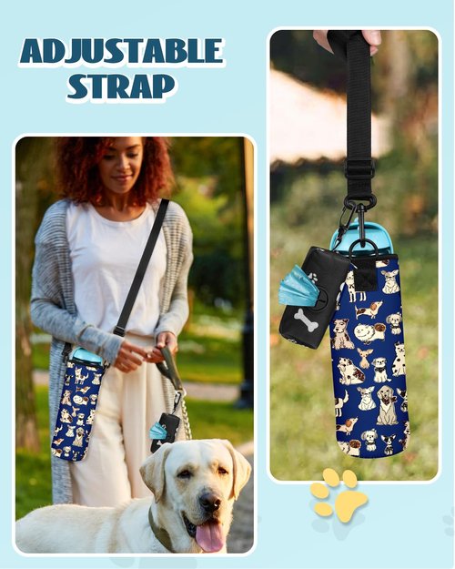 Toykee Portable Neoprene Water Bottle Sleeve - Travel Dog Water Bottle Cover Bag with Puppy Poop Bag Holder, Funny Blue Pet Water Sling Carrier with Adjustable Strap for Walking Hiking