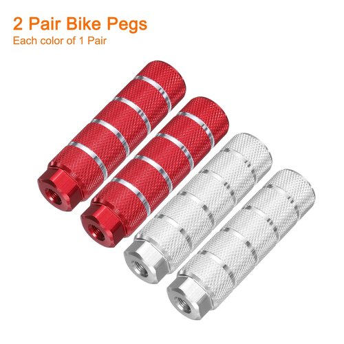 HARFINGTON 2 Pairs Bike Pegs Aluminum Alloy Rear Stunt Pegs Anti-Skid Stripe Back Seat Stands Fit 3/8" Axles for Mountain Bike, Red & Silver