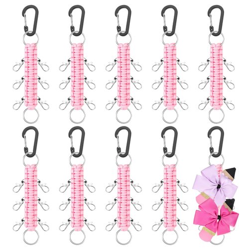 Berlune 10 Pcs Cheer Bow Holder for Backpack Paracord Keychain Cheer Bow Keychain for High School Cheerleading Teen Girls (Pink)
