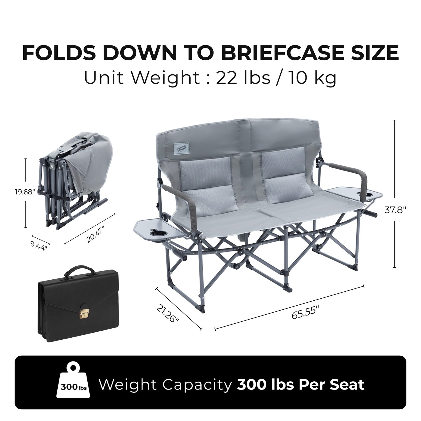 Camphor Designs Double Loveseat and Director Single Chairs for Outdoor Sports, Tailgating, Fishing, Lawn, and More