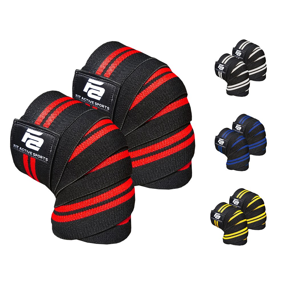 Fit Active Sports Knee Wraps for Weightlifting – 72” Elastic Knee Support Straps with Non-Slip Hook & Loop Closure – Knee Protection for Squats, Powerlifting, Cross Training – 1 Pair