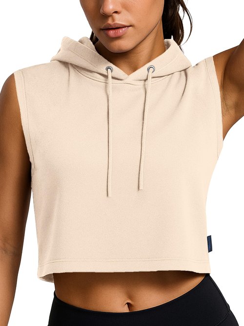 URBAN BUCK Tank Top Sleeveless Hoodie for Women - Lightweight UPF50+ Sun Protection Crop Sweatshirt for Workout & Running - Melina Apricot Plain Hem Sleevleess Hoodie for Fashion & Casual Wear (L)