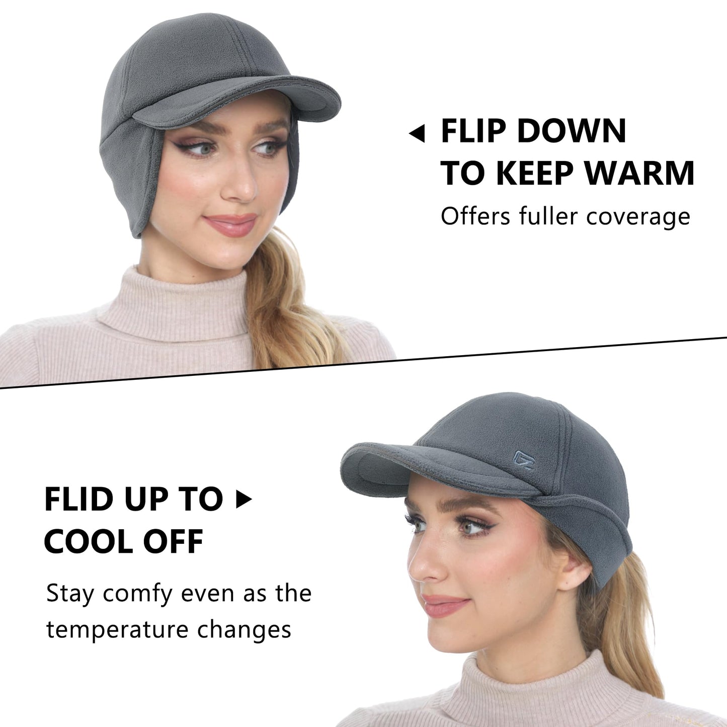 GADIEMKENSD Fleece Winter Hats for Women Reflective Ponytail Hat with Ear Flap Drop Down Ear Warmer Visor Beanie Double Ponytails Hole Baseball Cap for Running Skiing Hiking Dark Grey