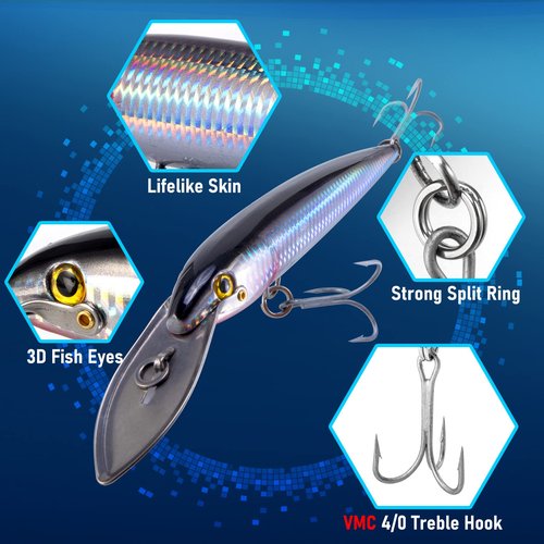 Dr.Fish Deep Diving Trolling Lures 13-20ft Saltwater Hard Fishing Lures 7.5" Deep Diving Jerkbait VMC Treble Hooks Pencil Twitch Bait Heavy Duty Offshore Plugs Striper Mackerel Tuna