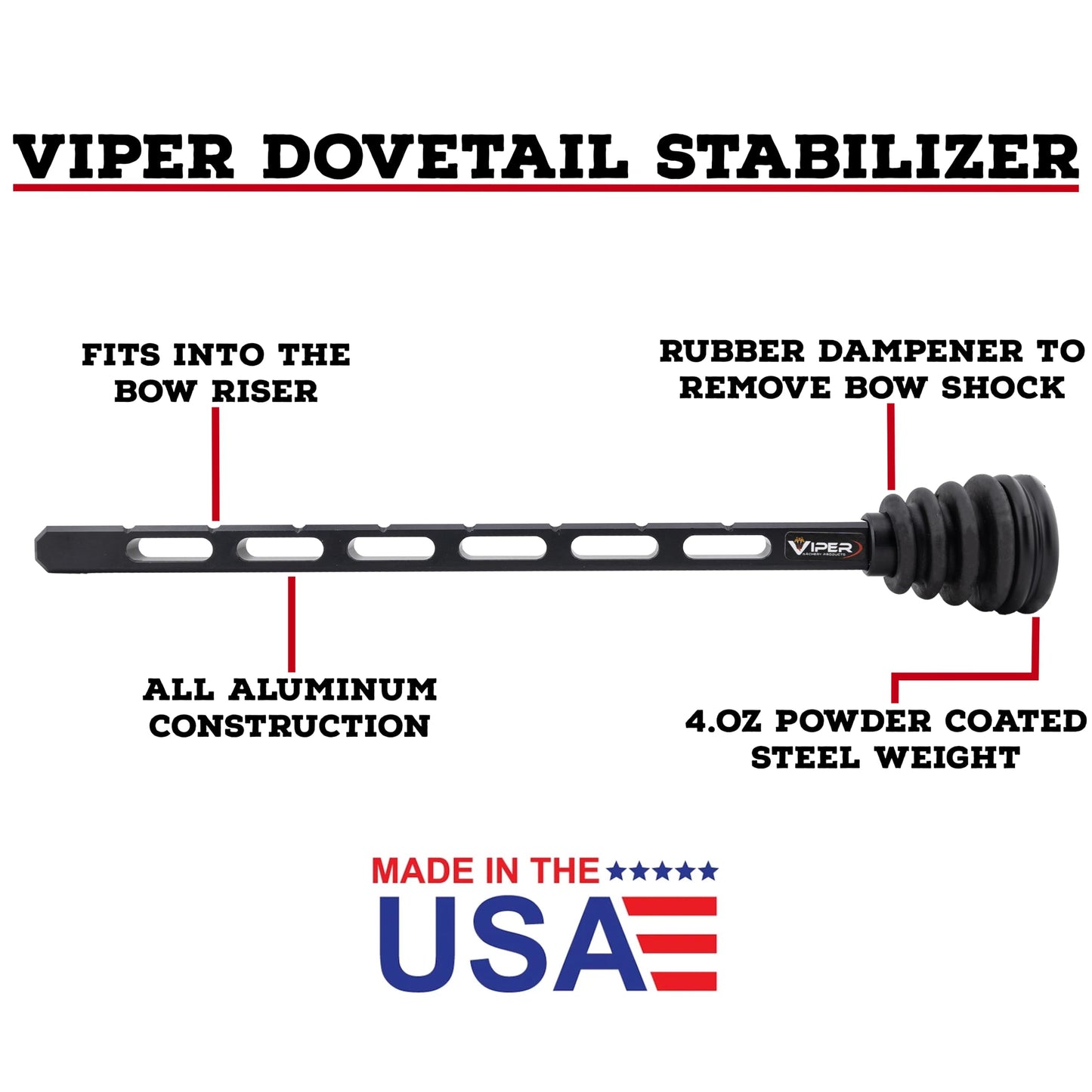 Viper Archery - Dovetail Riser Stabilizer for Compound Bows - Fits Directly in Bow Riser. Adjustable Length, Includes Lock Knob, Dampener & Weights - Archery Stabilizer Proundly Made in USA (8-inch)