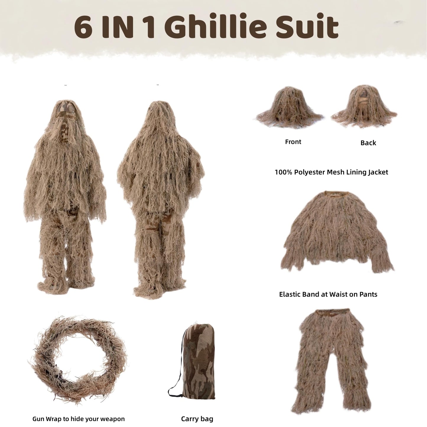 SETLUX Ghillie Suit for Men, Gilly Suit for Adults Camo Hunting Clothes 3D Woodland Camouflage Suits for Hunting(Desert 2XL)