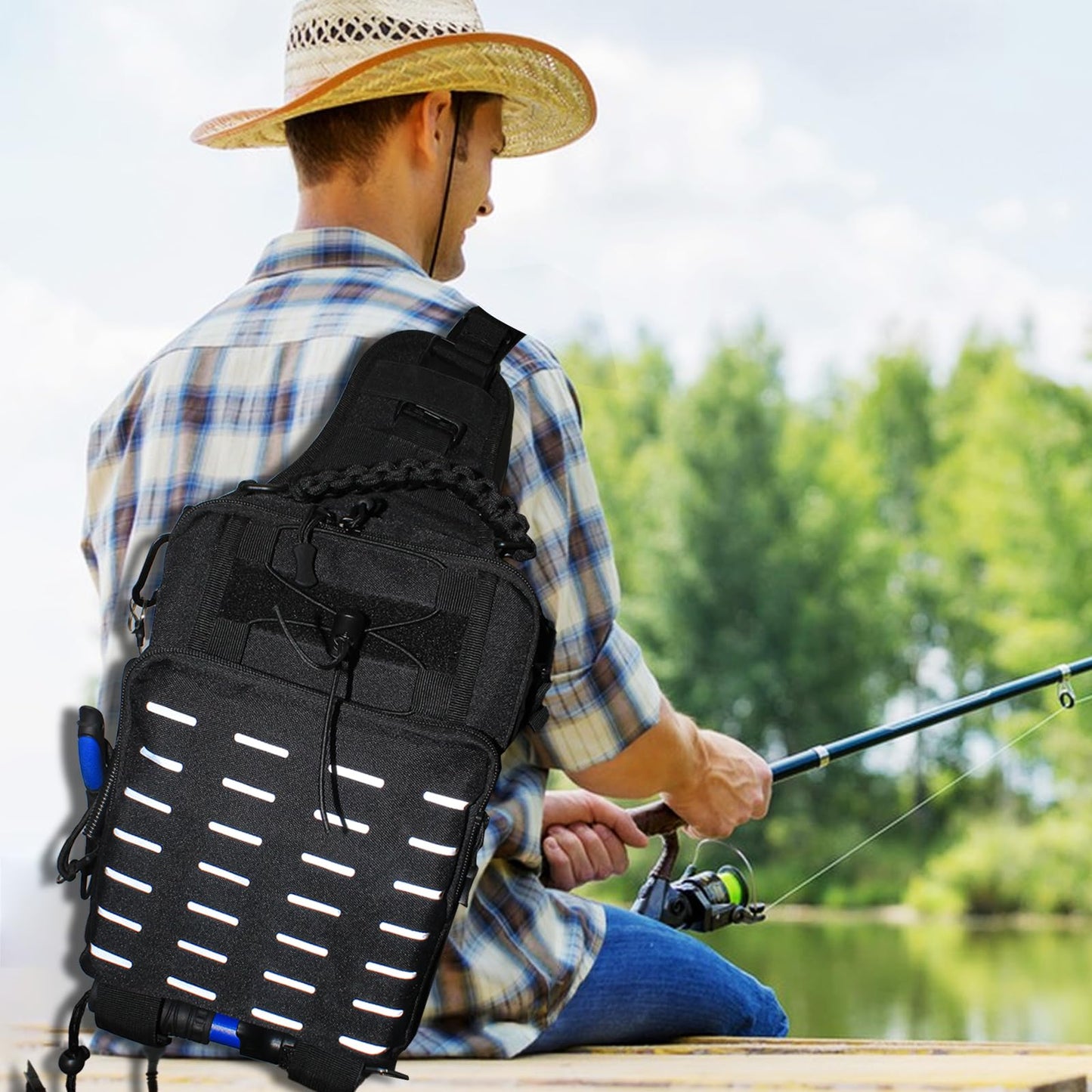 Zsrivk Fishing Tackle Bag with Earphone Hole, Lightweight Sling Shoulder Backpack Tackle Storage Bag with Rod & Gear Holder