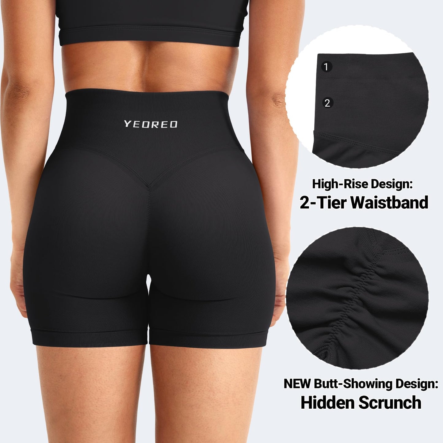 YEOREO Workout Shorts Womens Butt Lifting 4.5" Seamless Hidden Scrunch High Waist Gym Tummy Control Christiy Biker Shorts Black M