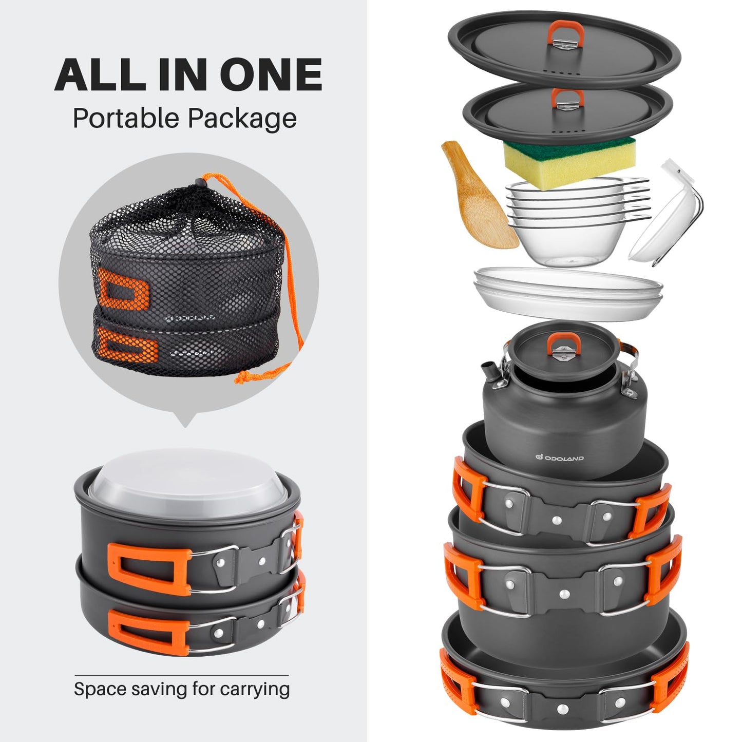 Odoland 15pcs Camping Cookware Non-Stick Lightweight Camping Pots and Pans Set with Kettle Plastic Plates Bowls Soup Spoon for Camping, Backpacking, Outdoor Cooking and Picnic