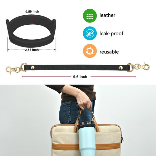 Wongeto Water Bottle Handle Strap，Genuine Leather Carrier Strap ，Fits Most 8-40oz Bottles Compatible with Stanley Cup Accessories (Black)