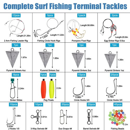 Saltwater Gear Surf Fishing Tackle Kit, Include Saltwater Lures, Pyramid Sinker Weights, Bucktail Jigs, Spoons, Leader Rigs, Catfish Hooks Swivels, Pier Ocean Sea Surf Fishing Accessories