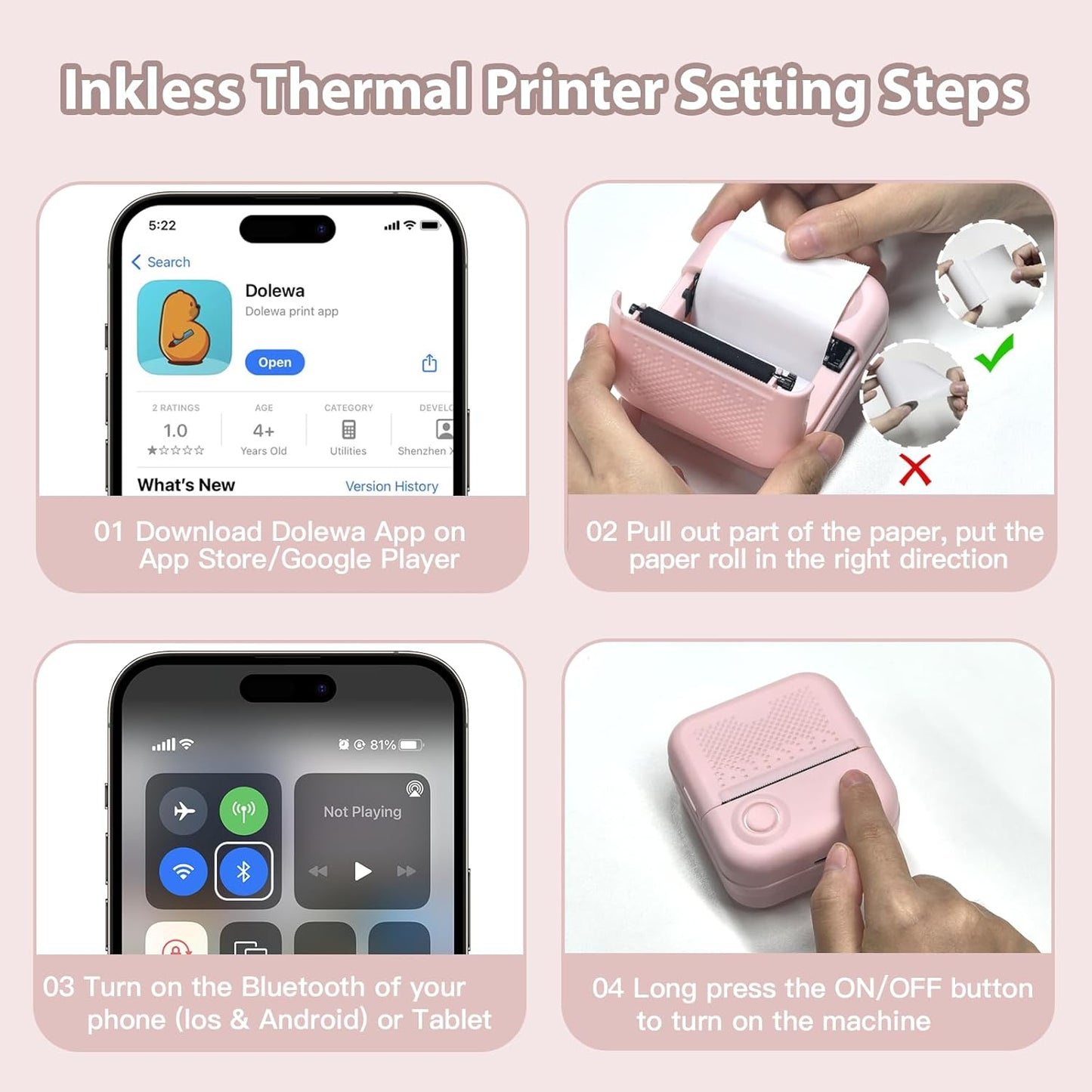 Sticker Printer Print Pods, Little Printer with 7 Rolls Thermal Printing Paper, Inkless Sticker Maker Bluetooth for DIY,Crafts,Journal,Study,Work,Compatible Phone&Tablet (Pink)