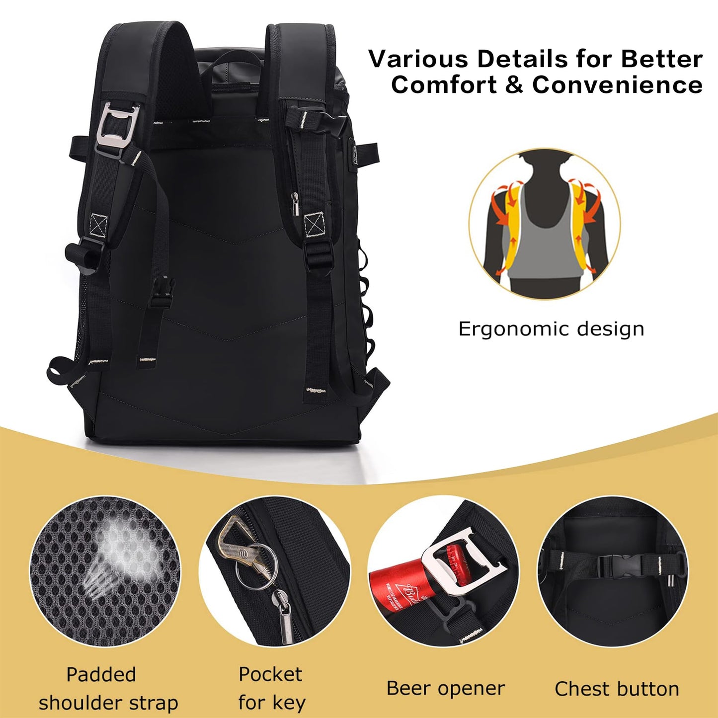 Cooler Backpack, 42 Cans Leakproof Cooler, Insulated Cooler Bag Soft Lightweight Ice Chest Backpack Lunch Backpack for Camping, Hiking, Beach (Black)