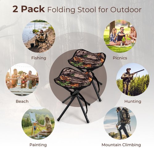 Tangkula 2 Pack Camouflage Hunting Stool, Heavy-Duty 4 Legged Folding Stool with Carrying Strap, Lightweight Portable for Hunting, Fishing, Hiking, Backpacking