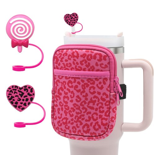 Vortika Water Bottle Pouch for Stanley with 2pcs Stanley Straw Cover, Stanley Cup Accessories 30&40 oz, Tumbler Pouch with Pocket, for Phone, Cards, Keys,Gym Accessories for Women