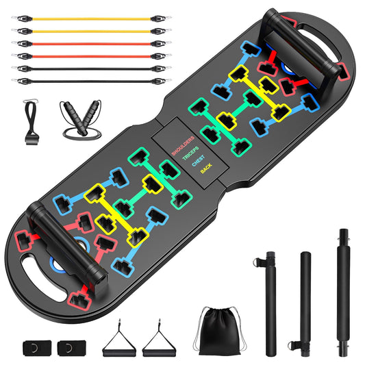 KUYOU Portable Home Gym Workout Equipment, Push Up Board, Pilates Bar & Fitness Accessories with Resistance Bands for Upper Body Strength Training Full Body Workout at Home