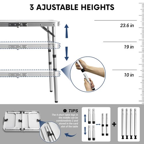 Byliable Small Folding Table 2FT Lightweight Portable Aluminum Camping Table for Picnic and Camping Mini Foldable with Adjustable Extended Height,Silver