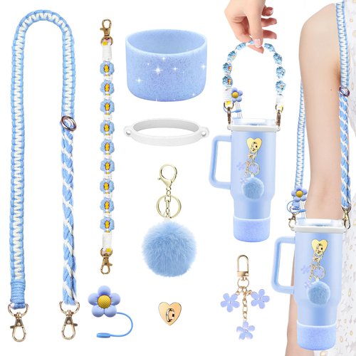Stanley Cup Accessories Set Including Adjustable Water Bottle Shoulder & Handle Strap, Glitter Silicone Protective Boot, Silicone Straw Topper Cover, Cute Charms for Stanley 30oz 40oz Tumbler (Blue)