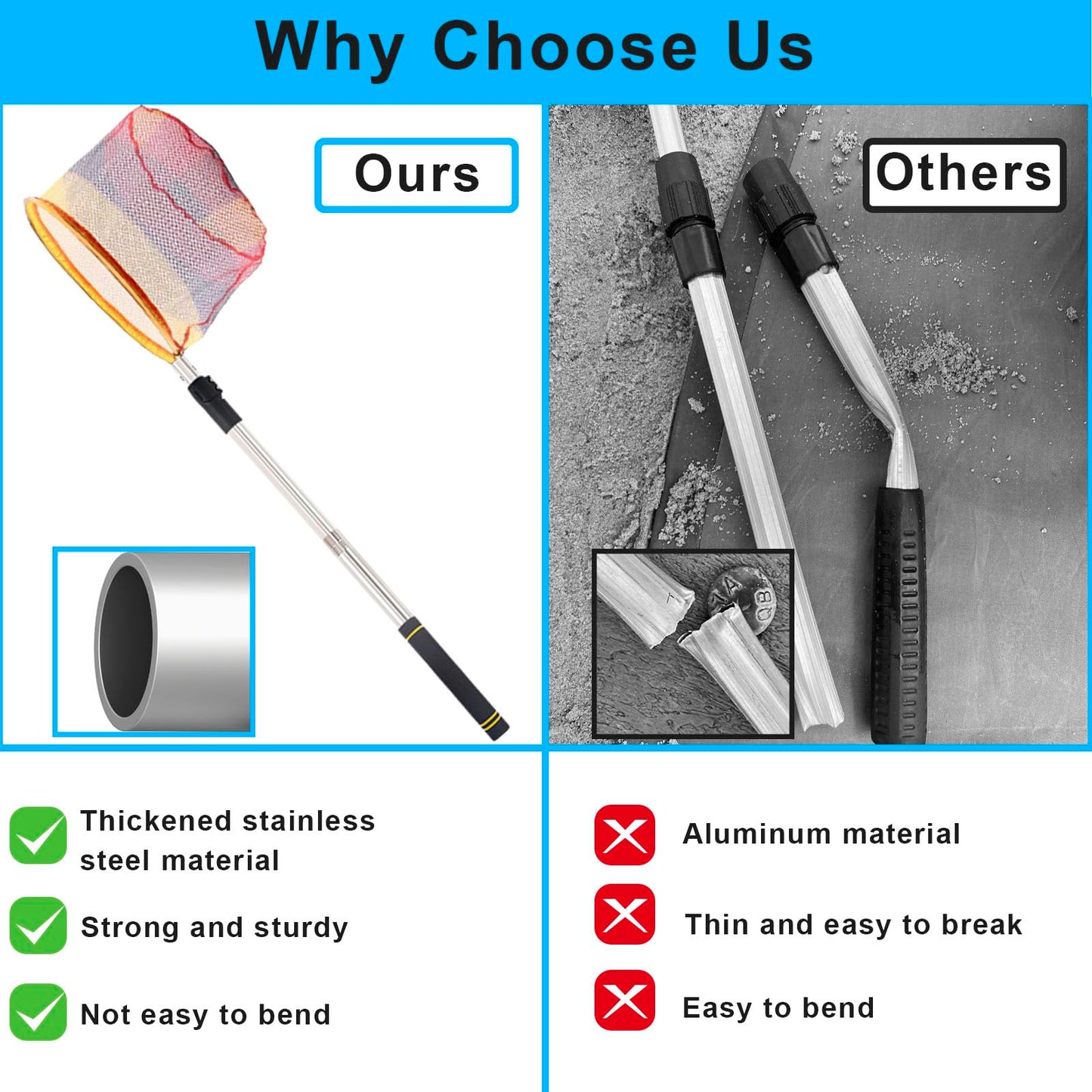 Greeily Fishing Landing Net, 44" to 64" Fishing Net Long Handle for Fishing with Telescopic Extension Pole for Kids Men Women Folding Sturdy Stainless Steel Tubes Comfortable Sponge Handle