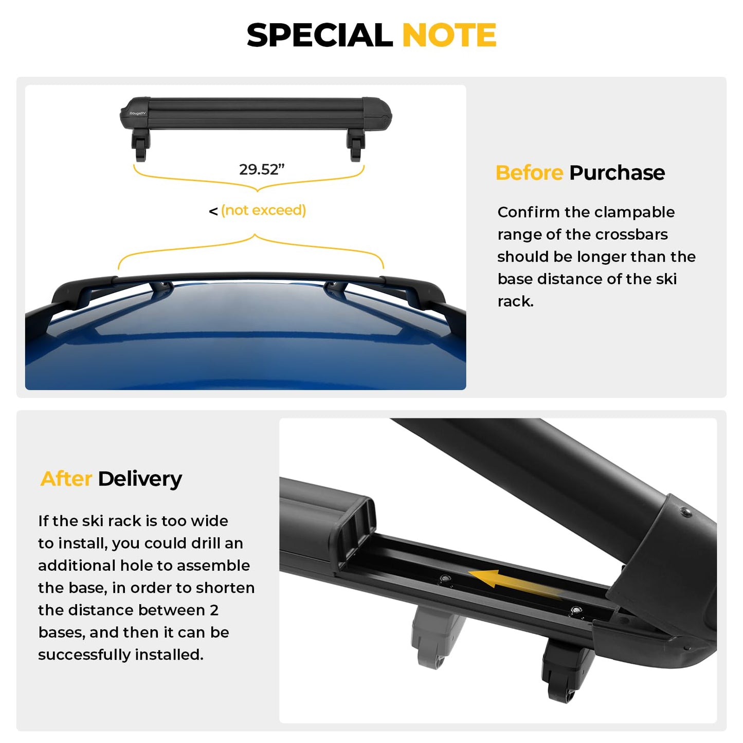 BougeRV Lockable Ski & Snowboard Racks, Extension with Sliding Feature, 28'' Fits 6 Pairs Skis or 4 Snowboards, Crab Mounting System Fits for Square/Aero/Oval Cross Bars (Black)