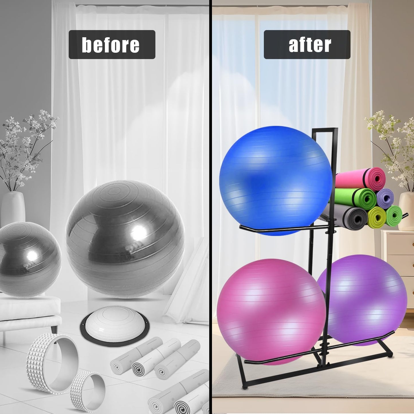 Exercise Ball Holder,Stability Ball Rack, Exercise Ball and Balance Ball Storage Racks Suitable for Yoga Ball Stability Ball Yoga Mats Home and Commercial Gym ﻿