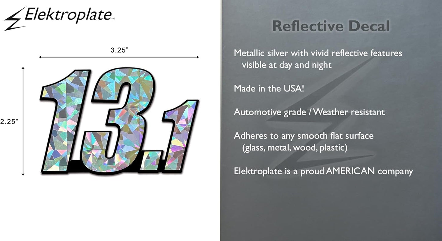 Elektroplate Half Marathon 13.1 Silver Metallic Reflective Decal (3.25” x 2.25”) | Premium Glossy All Weather Vinyl Sticker for Car, Water Bottle, Laptop, Tablet, Cooler, Phone | Made in The USA