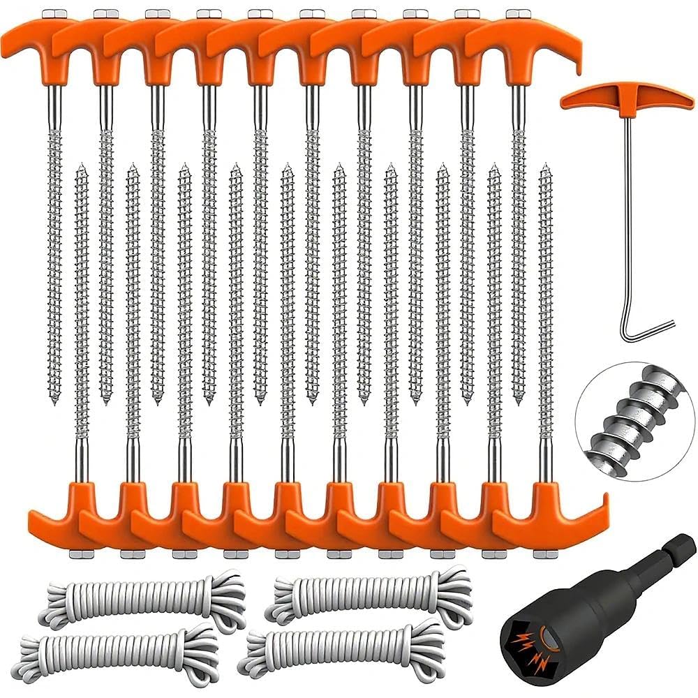 HORUSDY 26 Pack 20CM / 8-Inch Heavy Duty Tent Stakes Awning Pegs Camping Stakes with with 4x13ft Rope & 1 Stopper T Pull Hook