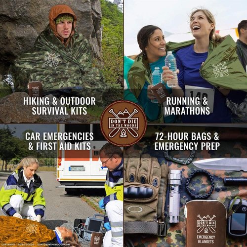Don't Die In The Woods - Freakin’ Huge Emergency Blankets [4-Pack] Extra-Large Thermal Mylar Space Blankets with Ripstop Nylon Stuff Sacks + Carabiner Zipper Pack [Woodland Camo]