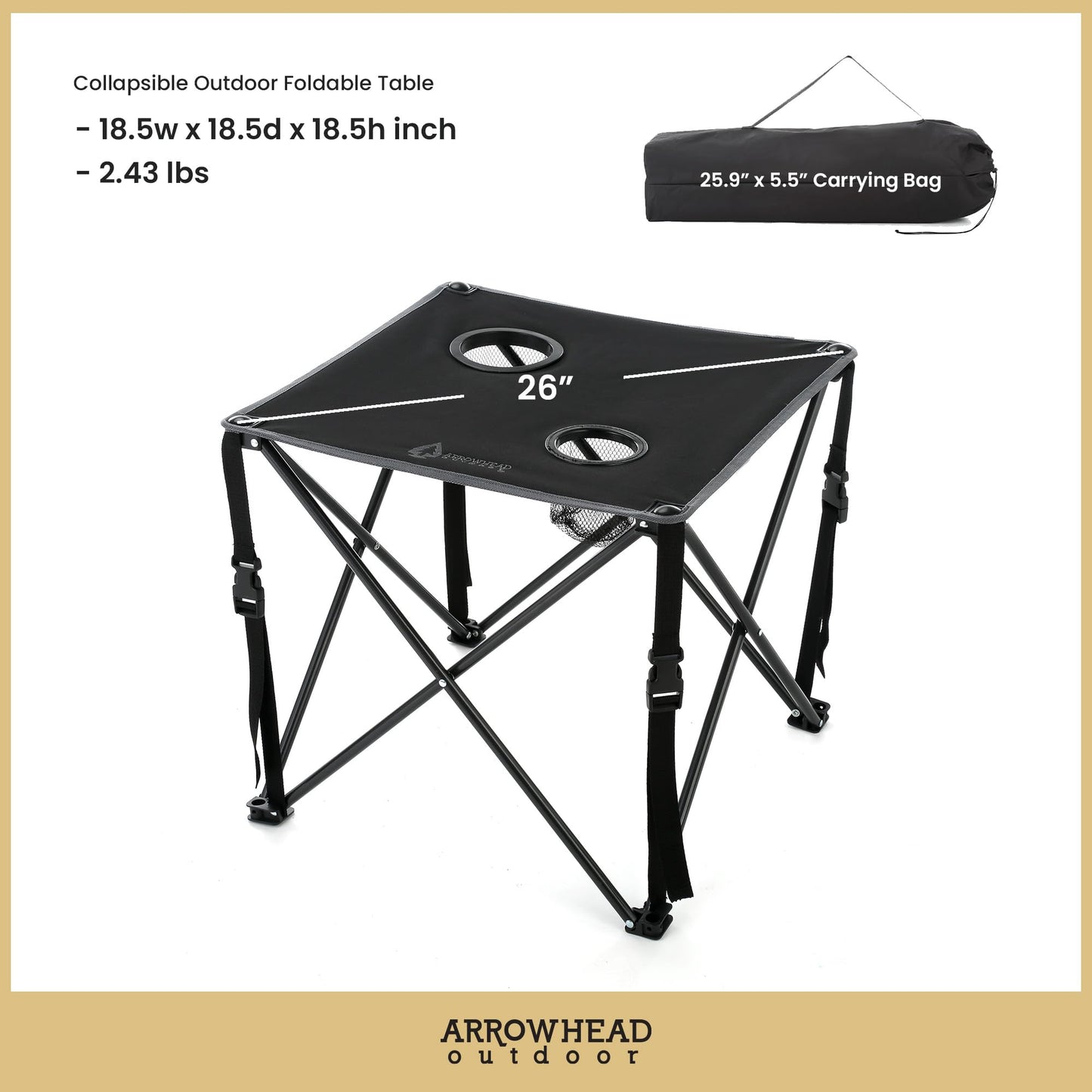 ARROWHEAD OUTDOOR 26” (66cm) Portable Camping Folding Table, 2 Cup Holders, Square, Carrying Case, Steel Frame, High-Grade 600D Canvas