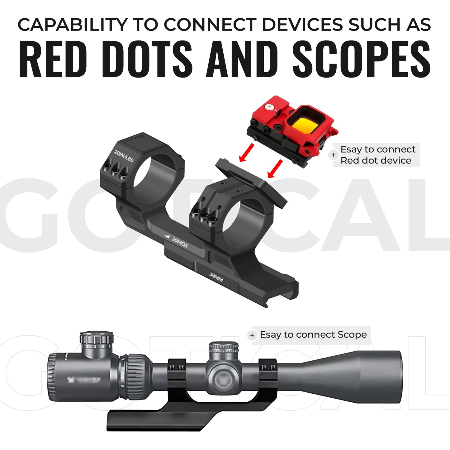 Gotical Tactical 34mm Tube 20MOA One Piece Ring Mount w/10:30, 12 o'clock, 1:30 Top Optic RMR Mount Plate, 1.57" Central Height, for 20mm Picatinny Rail