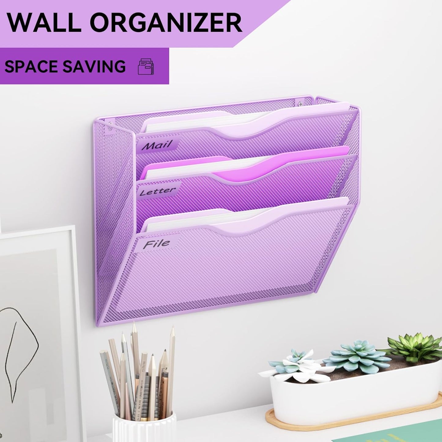 5 Pockets Mesh Hanging Wall File Holder Organizer Wall Mounted Paper Magazine Rack, Black