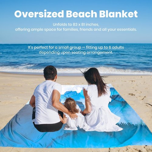 Oversized Sandproof Beach Blanket (83"x81"), Extra Large Beach Sheet for Up to 6 People. Sandfree Beach Mat, Big Sand Blankets with Sand Bags and Stakes. (Cyan Mountain)