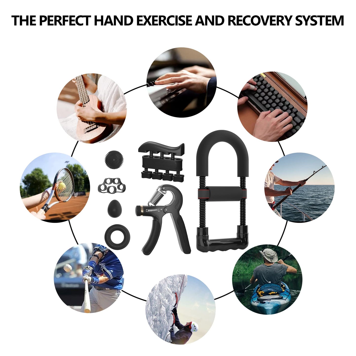 Hand Grip Strengthener Kit with Wrist Strengthener - Ultimate Hand Exerciser Set for Forearm Workout, Adjustable Grip Strength Trainer, Stress Relief Ball, Exercise Ring, Training and Recovery (BLACK)