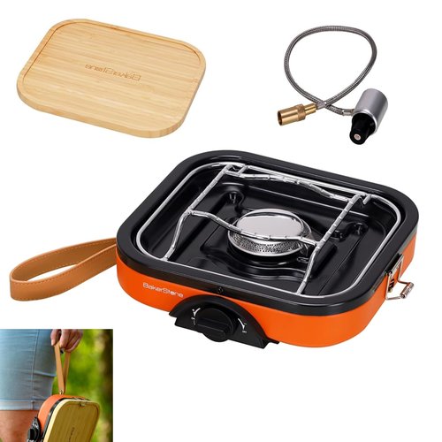 BakerStone Camping Stove, Outdoor Portable Propane Gas Stove with 8000 BTU, Single Burner Camp Stove with Cooking Grate, Wooden Tray, Inlet Gas Regulator and Pipe