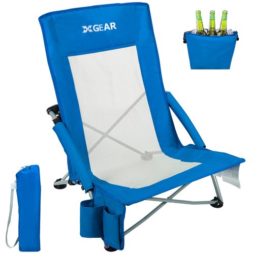 XGEAR Beach Chair Sturdy Beach Chairs for Adults with Cooler Bag, High Back Camping Chair with Side Pocket, Cup Holder & Carry Bag, for Outdoor Sand-Blue